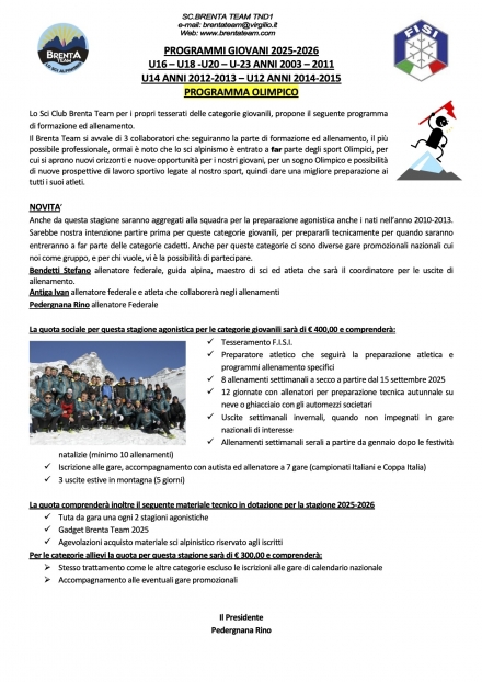 PROGRAMMI GIOVANI BRENTA TEAM 2025-2026 - BRENTA TEAM ass.sportiva dil.