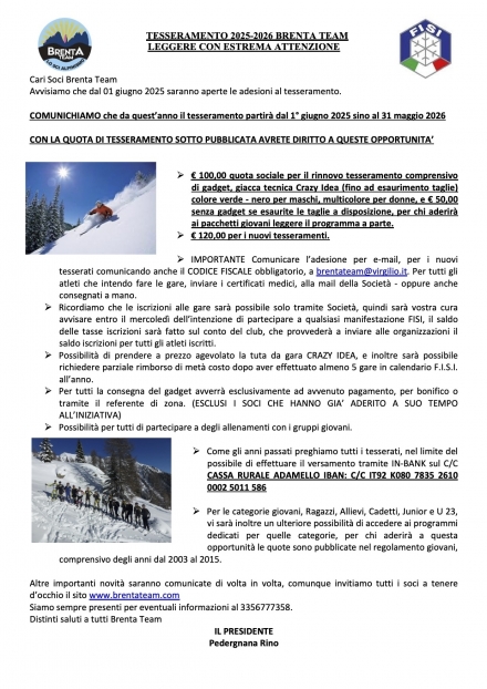 TESSERAMENTO 2025-2026 - BRENTA TEAM ass.sportiva dil.
